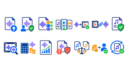 Fototapeta premium Audio Licensing and Royalty Management Icon Set – Music Files, Rights, Payments and Verification