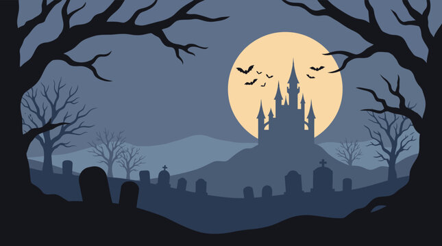 A spooky halloween background vector illustration featuring a haunted castle silhouette under a full moon with bare trees and graves
