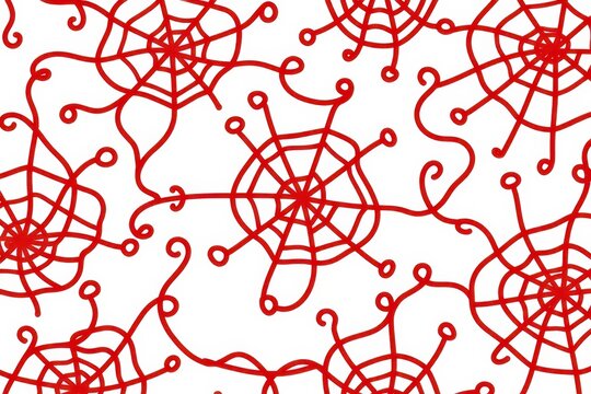 A seamless doodle pattern of continuous abstract squiggles and loops resembling tangled cobwebs in bright red ink on a white background.
