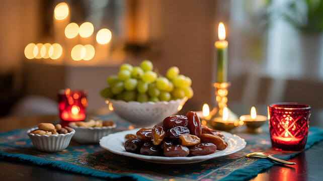 Traditional ramadan meal table featuring a plate of sweet dates and fresh grapes with candlelight