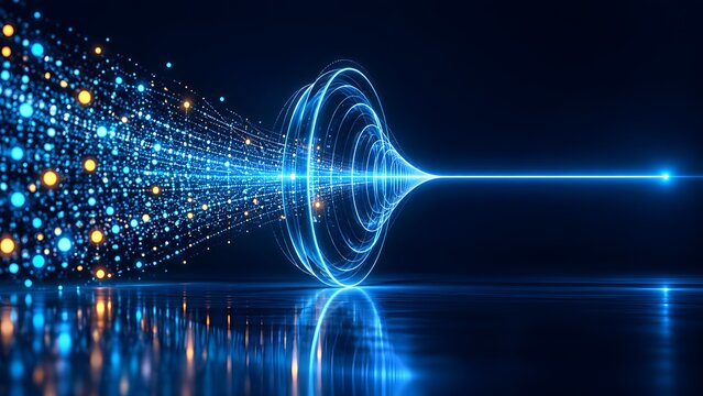 Chaotic digital data particles converging through a circular portal into a focused high speed transmission beam