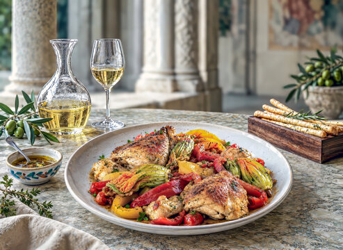 Rustikales italienisches Gericht mit H&auml;hnchen, Paprika und gef&uuml;llten Zucchinibl&uuml;ten auf einem Steintisch, serviert mit Wei&szlig;wein - Pollo con i peperoni e con fiori di zucca
