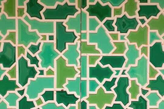 A Moroccan zellige tile pattern of interlocking geometric lantern shapes glowing with eerie green fire in soft mint green and pure white.