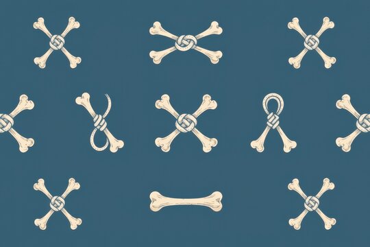 A boho coastal pattern featuring hand drawn minimalist illustrations of nautical knots tied around old bones in soft navy and sandy beige.