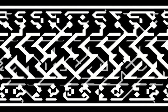 A geometric tribal border design of repeating interlocking stepped frets creating a continuous labyrinth pattern in stark black and white.