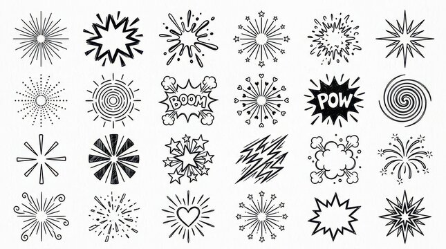 Set of Hand-Drawn Comic Book Explosion and Burst Vector Icons, Starbursts, Fireworks, and Speech Bubbles on White Background