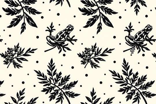 A minimalist botanical pattern of tiny delicate pen and ink illustrations of single poison dart frogs resting on fern fronds in a sparse polka dot grid.