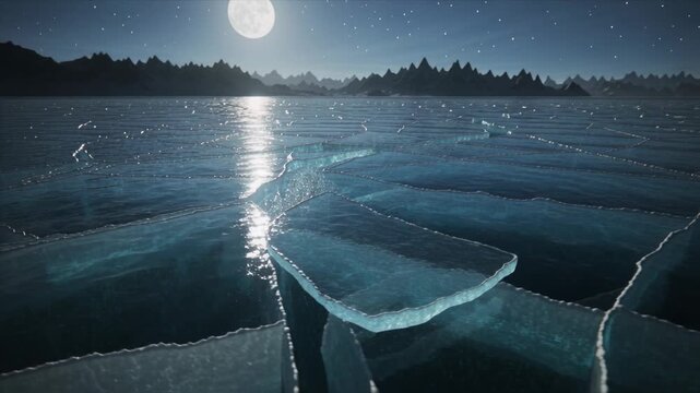 Moon appearing, large split ice floe shifting and catching glow on frozen sea under stars, ridge