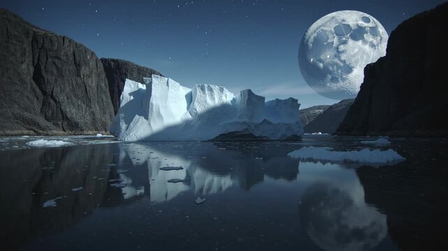 Drifting under gentle current large tabular iceberg reflecting full moonlight in fjord, rock cliffs