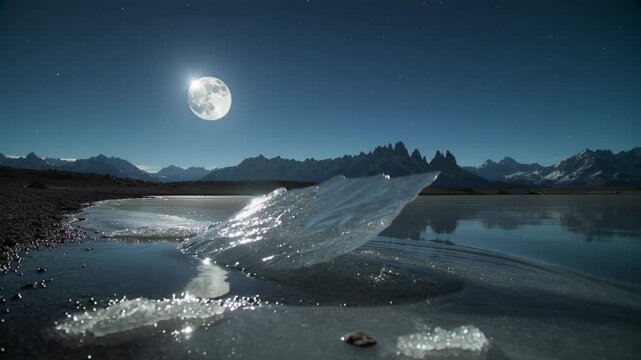 Rising after shore shift large translucent ice fragment arcing at moonlit lake, scattering pebbles