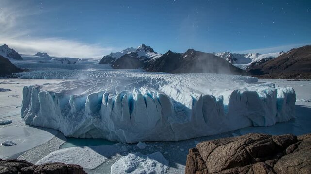 Viewing big tabular ice front calving, releasing faint plume at rock shore, shedding drifting floes