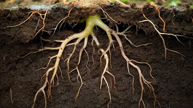 Plant root system in soil cross section