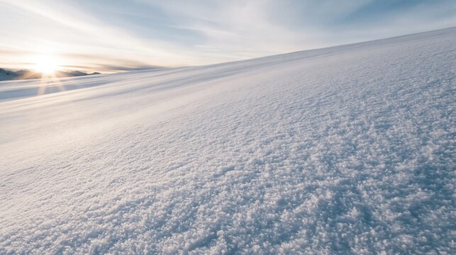 Pristine white snowfield with soft beams of winter light, featuring a crisp frozen texture and luminous glow for a cold nature background