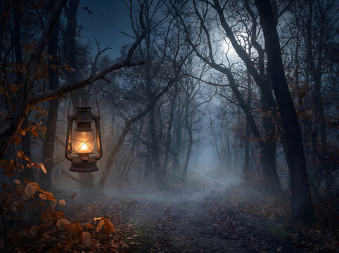 lantern in the fogy forest