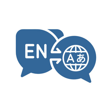 Blue Language Translation and Multilingual Communication Vector Icon with Speech Bubbles and Globe Symbol