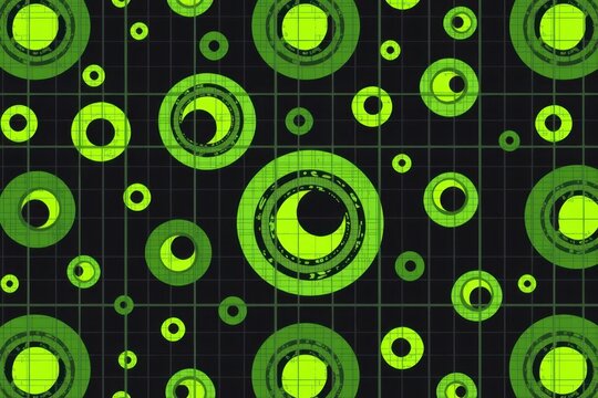 A surface pattern design of abstract hand drawn geometric grids overlapping with scattered solid circles resembling glowing monster eyes in neon green and black.