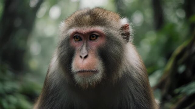 Macaque monkey faces in a lush forest setting with cinematic depth of field