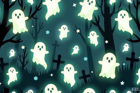 A seamless repeating pattern of floating glowing ghost orbs wandering through a dark misty graveyard.
