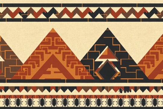 A geometric tribal border pattern of thick interlocking stepped pyramids and bold vertical stripes framing tiny black widows in earthy shades of terracotta and charcoal.