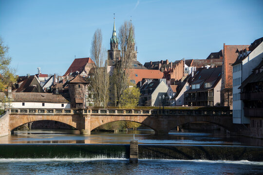 Nurnberg Canal, Pegnitz river and Maxbrucke bridge.