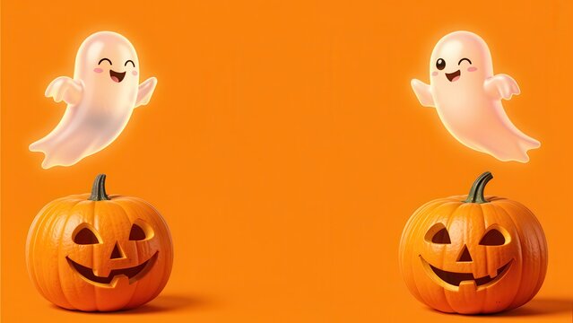 whimsical cartoon ghosts and smiling jack o lantern pumpkins floating on vibrant orange background for cheerful halloween advertising
