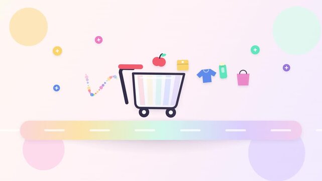 Vibrant digital shopping cart icon with floating consumer goods for e-commerce website design and animated video motion graphic interface