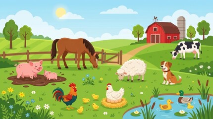 Fototapeta premium Colorful Vector Illustration of a Farm Scene with Happy Animals, Red Barn, and Rural Landscape
