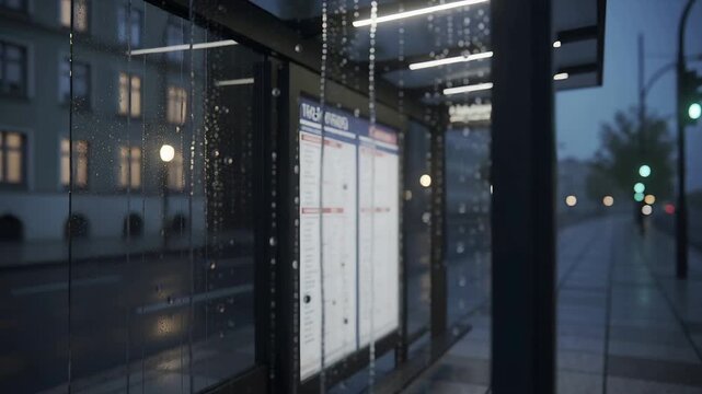Advancing camera framing wet shelter glass at dusk, showing lit timetable and far dark-clad walker