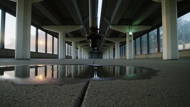 Dripping corroded pipe and flange leaking from rust into puddle in concrete hall, forming ripples