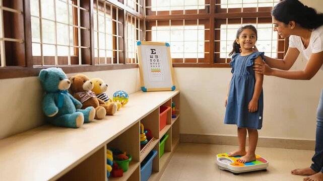 Stepping girl-in-blue onto scale in play-nook, mother guiding for weight and eye-chart, copy space