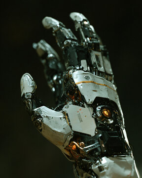 Detailed mechanical robotic hand macro shot with intricate metallic fingers