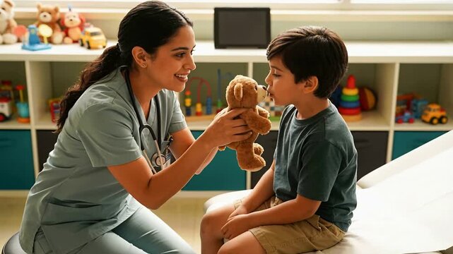 Smiling clinician in scrubs greeting boy, kneeling in clinic offering teddy bear to calm him