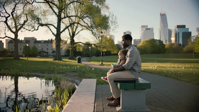 Approaching park bench dad in shirt placing briefcase seating toddler with sippy cup to watch pond