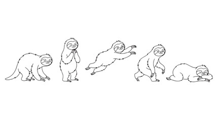 Fototapeta premium Minimalist sloth character set with 5 vector line art poses, cute sloth illustrations for coloring books, funny animal cartoon collection isolated on Transparent Background
