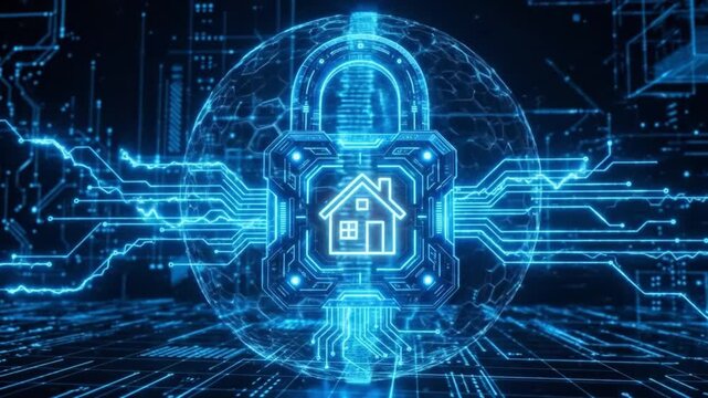 Digital lock house icon security home data protection privacy network glowing blue cyber sphere futuristic circuit background smart home security concept digital circuit blue technology glowing house