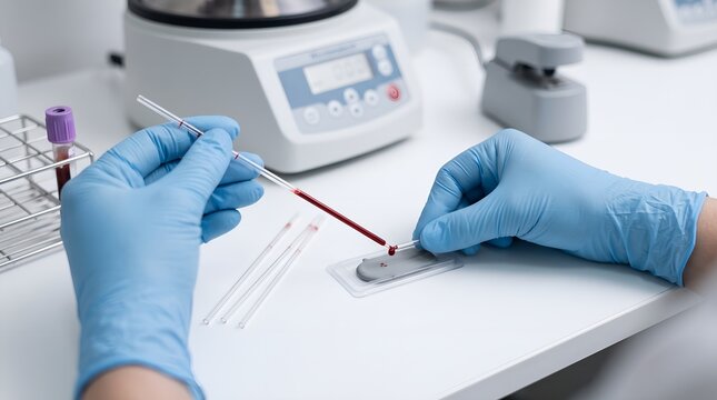 commercial hematology photo, close-up of gloved laboratory hands preparing capillary blood tubes for hematocrit measurement, controlled non-graphic blood sample