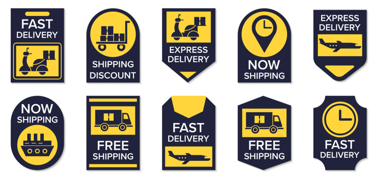 Delivery labels collection with shipping vehicles, clocks and bold yellow promotional badge