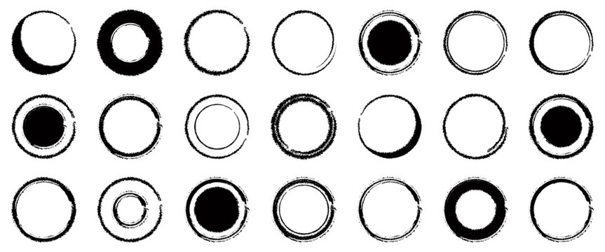 Black grunge circle collection with rough brush rings, ink textures and distressed round frames