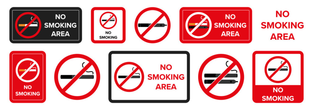 No smoking signs collection with cigarettes, electronic devices and red prohibition symbols