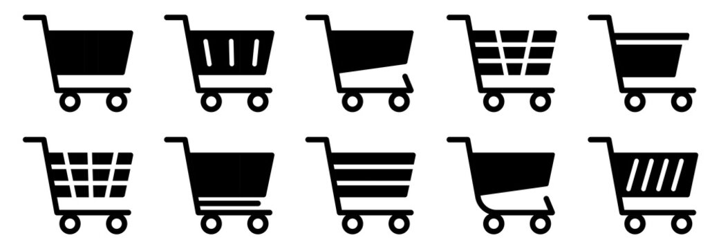 Shopping cart silhouettes collection with bold black basket designs in multiple simple styles