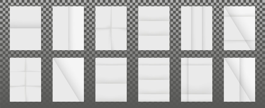 Blank folded paper sheets collection with realistic creases, shadows and transparent background effect