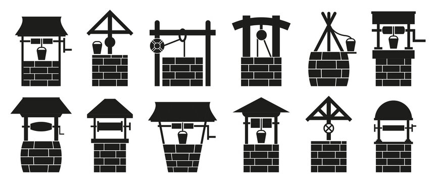 Traditional water well silhouettes collection featuring brick structures, buckets, roofs and lifting mechanisms