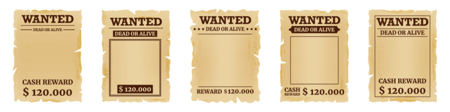 Vintage wanted poster collection with aged paper textures, reward fields and classic western typography