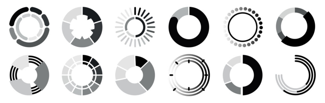 Circular loading indicators collection with segmented rings, radial lines and monochrome progress