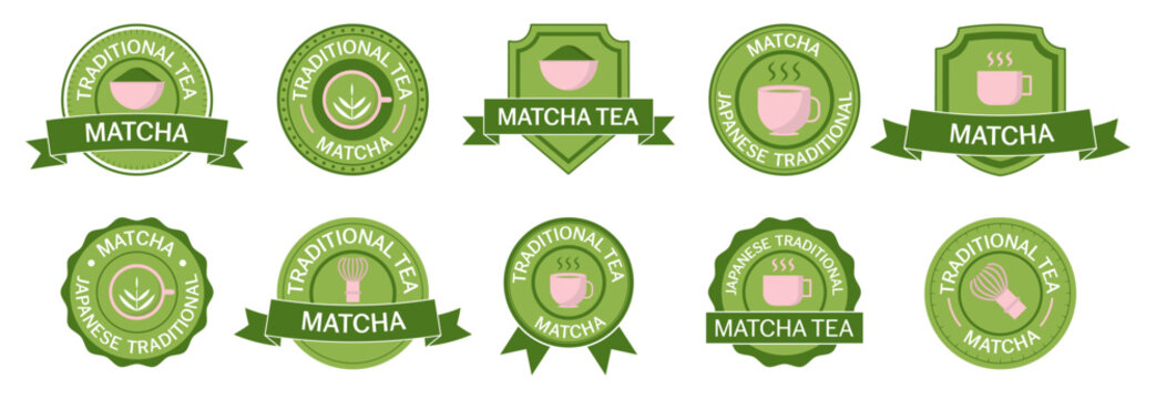 Matcha tea badges collection with green labels, cups, whisks and traditional Japanese motifs
