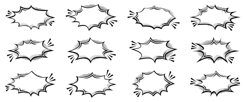 Comic speech burst frame collection with dynamic pop art shapes, halftone details and blank centers