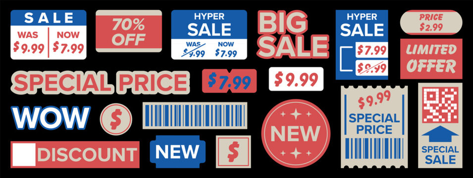 Retail sale labels collection with discount prices, promotional tags, barcodes and special offers