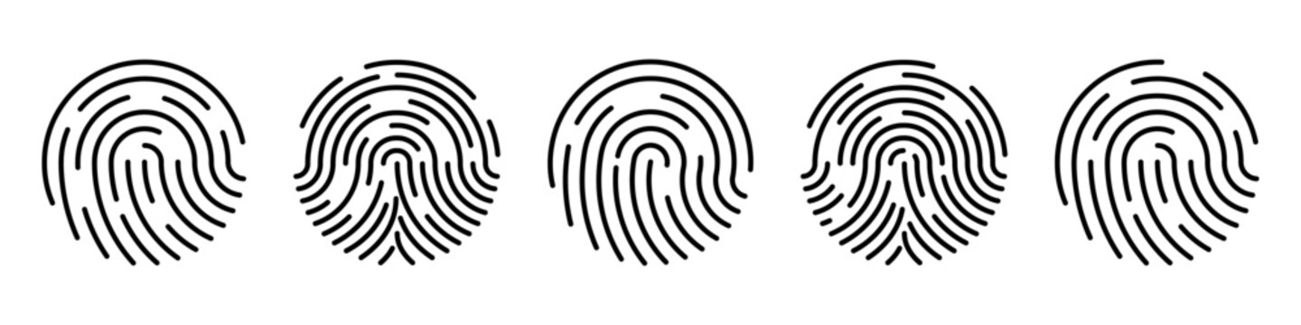 Fingerprint icons collection with clean black biometric line patterns in several unique variations
