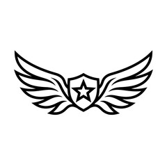 Fototapeta premium Black and white line art shield emblem with wings and a star in the center winged shield wing motif