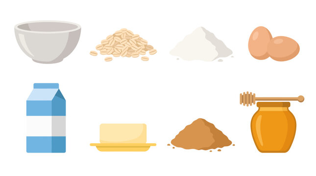 Flat vector set of healthy baking ingredients on white background